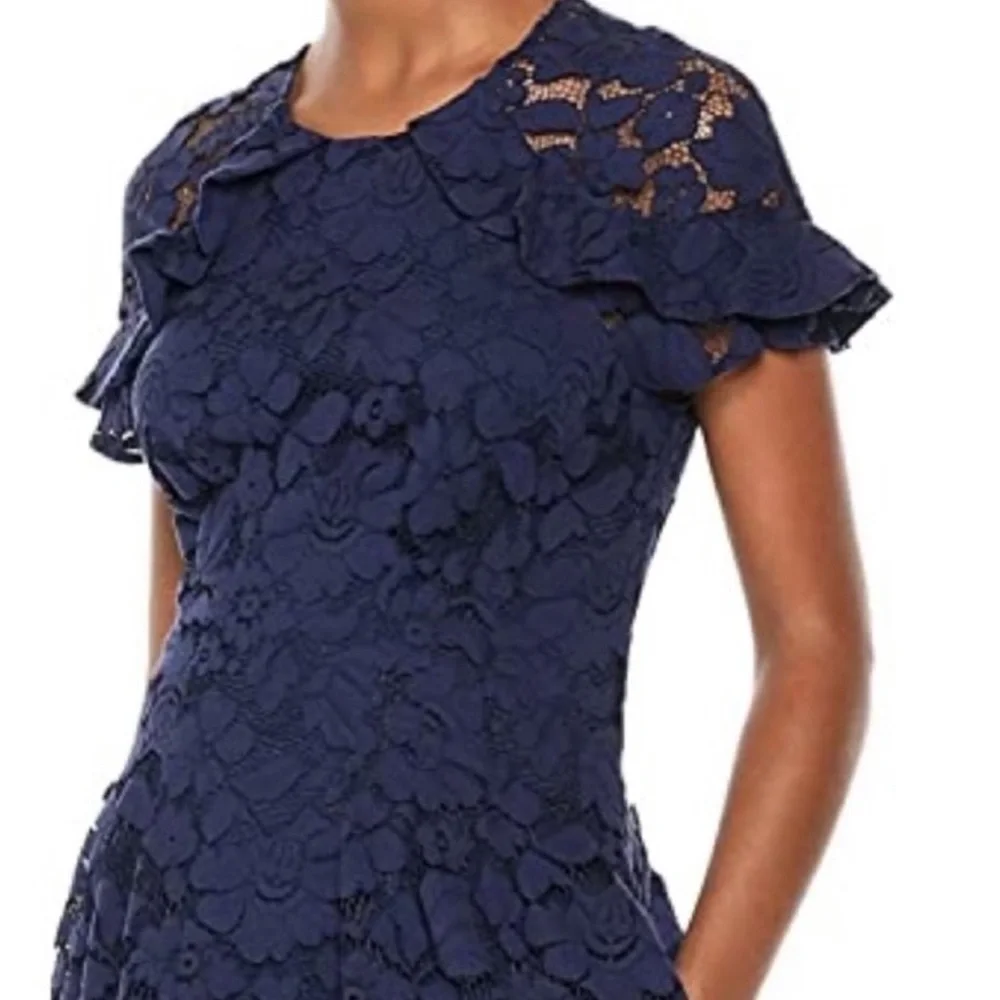 Vince Camuto Womens Round Neck Lace Cap Sleeves A-Line Midi Dress Navy Blue Sz 6 - Picture 2 of 13